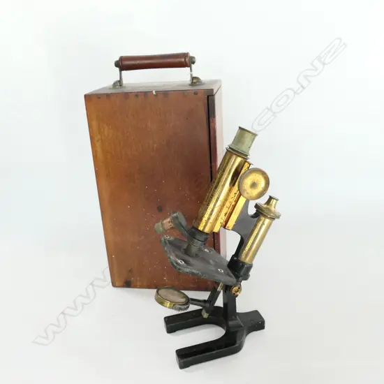 W.WATSON & SONS, LONDON MICROSCOPE, IN MAHOG CASE. (NO STAGE CLIPS OR ADDITIONAL LENSES))